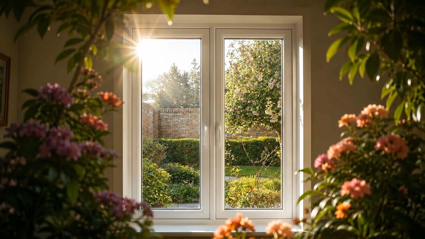 Sunlit uPVC window opening onto a blooming garden